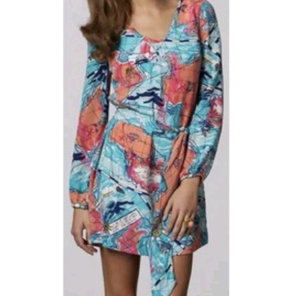 Lilly Pulitzer Silk Connie Dress X Marks the Spot Print Long Sleeve Tie Waist 2 - Picture 2 of 15